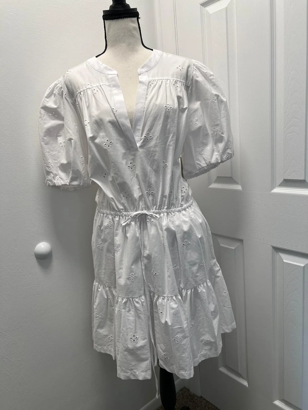 Women’s White Eyelet Tiered Mini Dress with Drawstring Waist 100% Cotton - Picture 4 of 13
